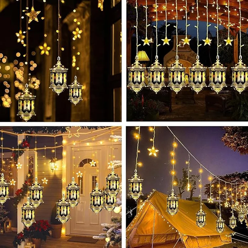 Moon Star Window Curtain lamp 8 Lighting Modes Timer Function for Ramadan Islamic Mubarak string light EU Plug Eid Party Decor