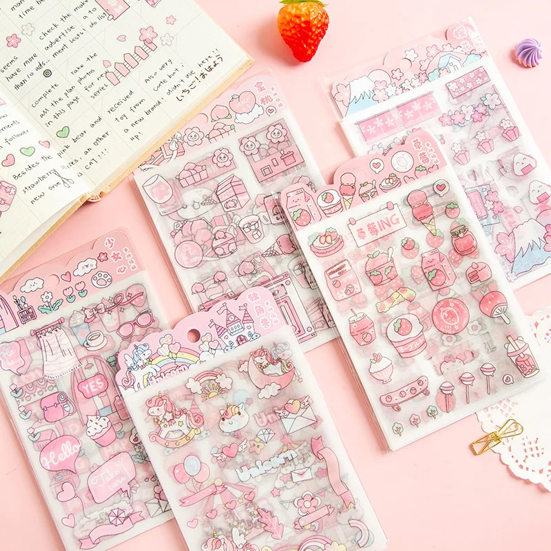 4 Sheets Per Pack Strawberry Cherry Cartoon Sticker Suitable For Student Magazine Decoration Material Stickers