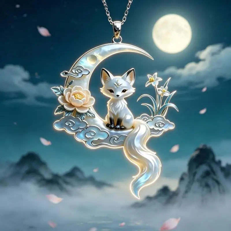 Retro Moon Fox Pendant Necklace Minimalist Thin Cable Chain Elegant Chinese Style Accessory for Office Ladies Wear