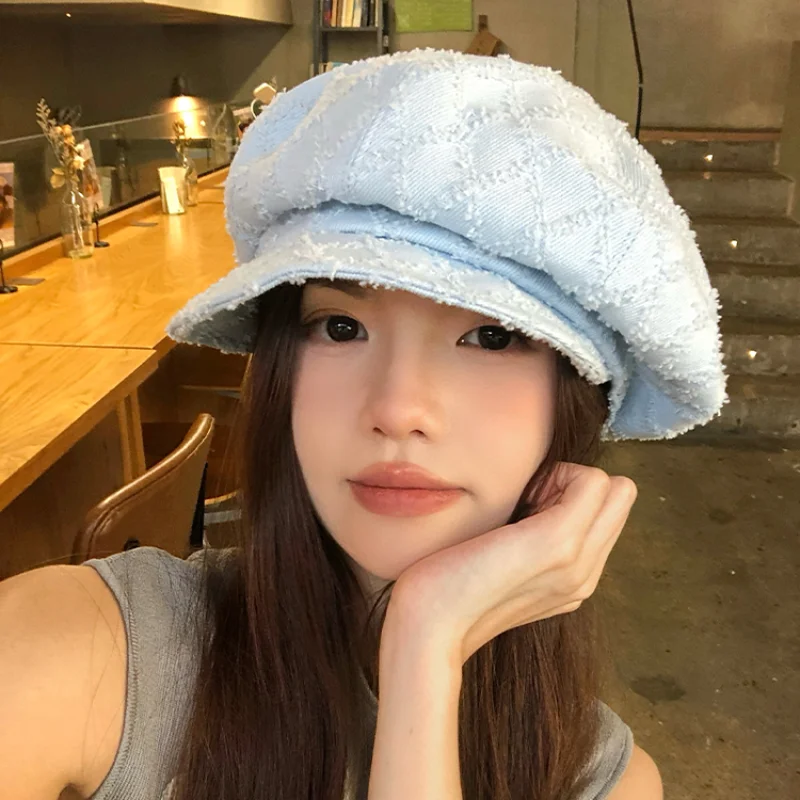 Korean Niche Design Solid Color Berets Caps for Women Summer and Autumn New Rough Edge Plaid Versatile Retro Octagonal Hats