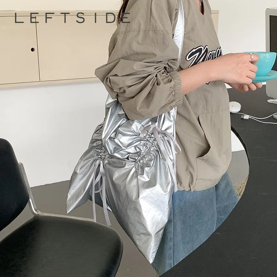 LEFTSIDE Fold Design Nylon Large Shoulder Bags for Women 2024 Y2K New Korean Fashion Trend Underarm Bag Lady Silver Handbags