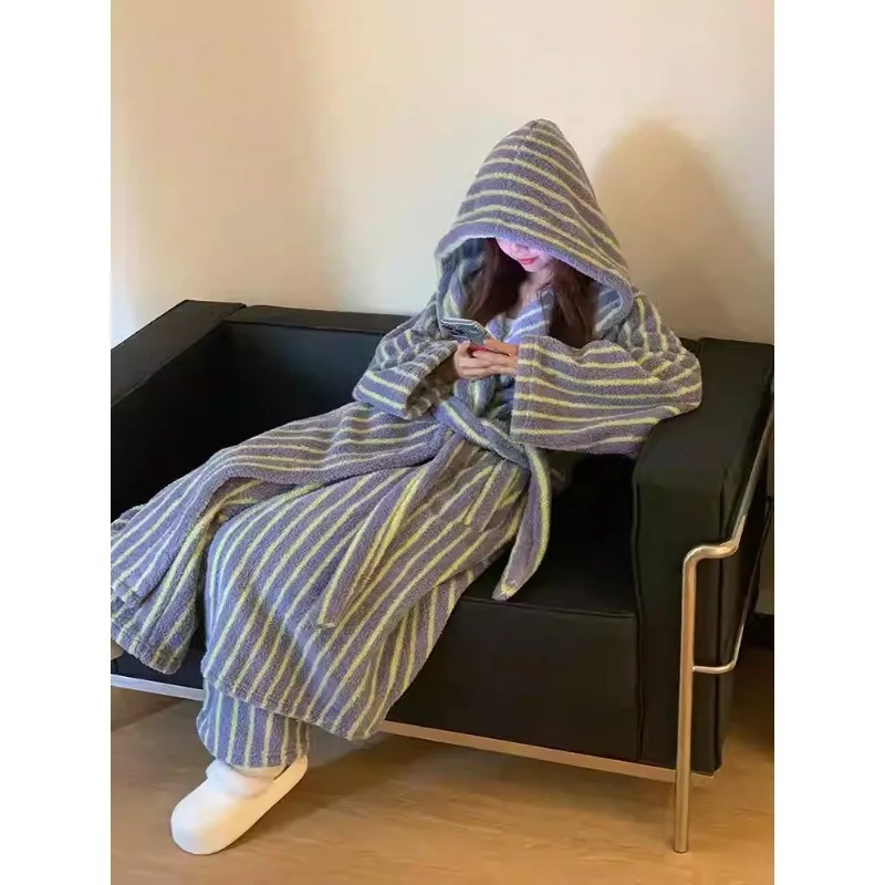 

Premium Women's Winter Flannel Pajamas Set Girls Cozy Nightgown Large Size Trousers Loungewear Solid Sweet Robe Hooded Striped