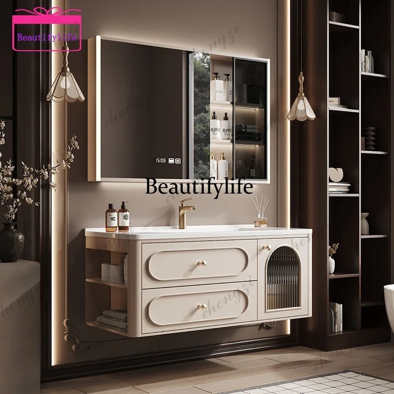 French cream wind solid wood bathroom cabinet toilet ceramic integrated face wash basin  a17