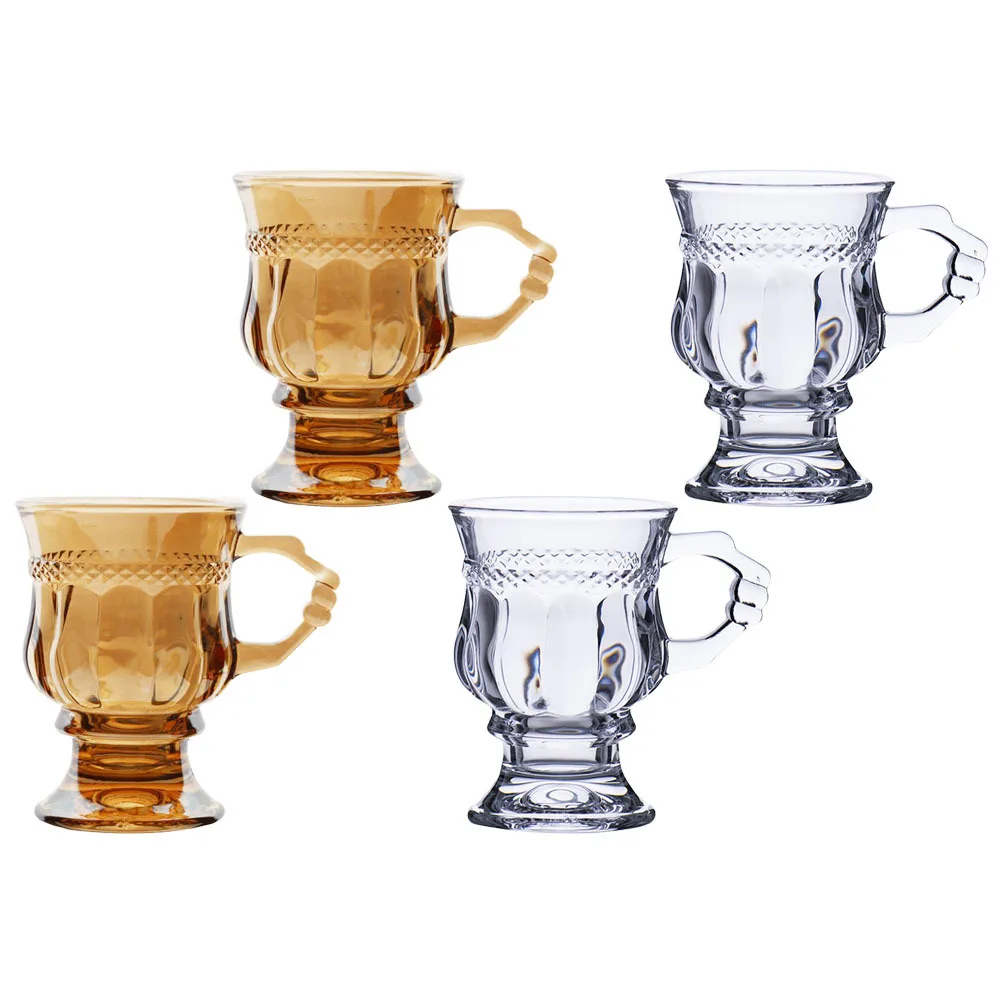 

4Pcs Embossed Glass Cups Handle High Stem Goblets for Coffee Milk Tea Use Glass Coffee Mugs Holders