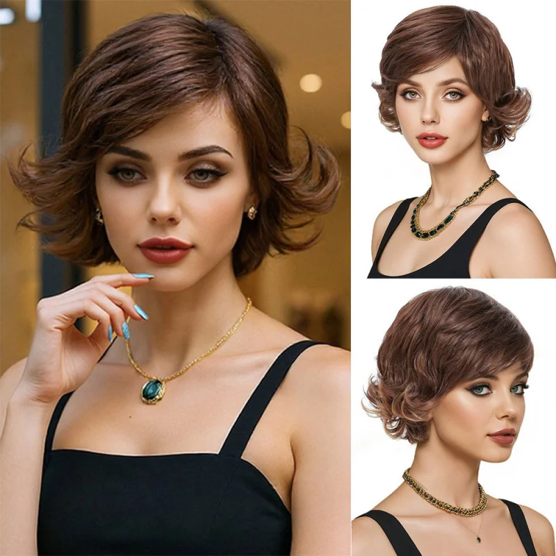 New European and American style women's fashion wig with short side-swept bangs made of synthetic fiber
