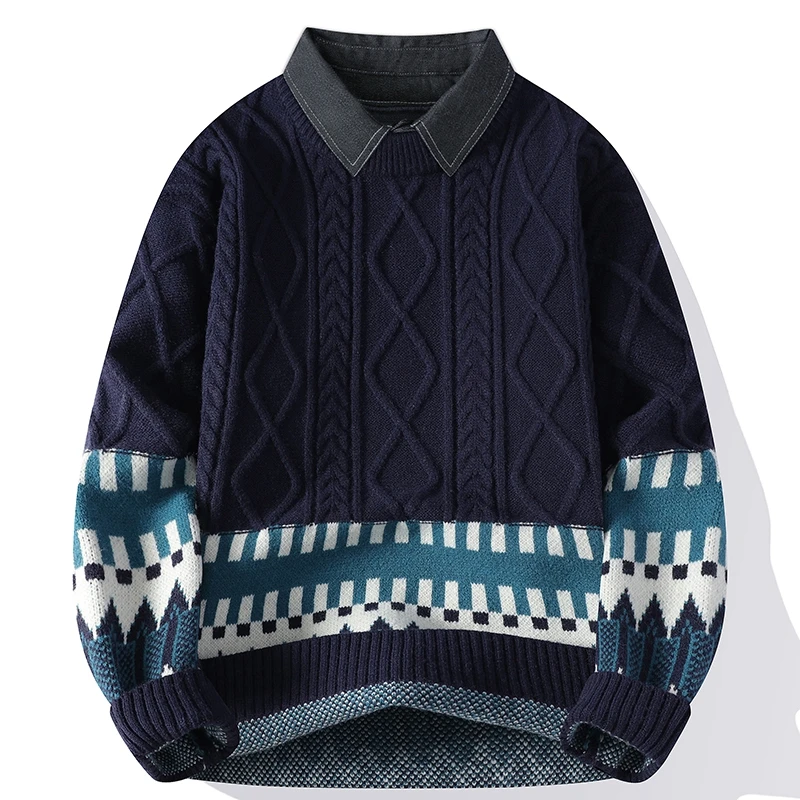 Ropa de hombre, jersey de Color contrastante con cuello vuelto, suéter de manga larga con rosca, Tops informales geométricos de punto para novio