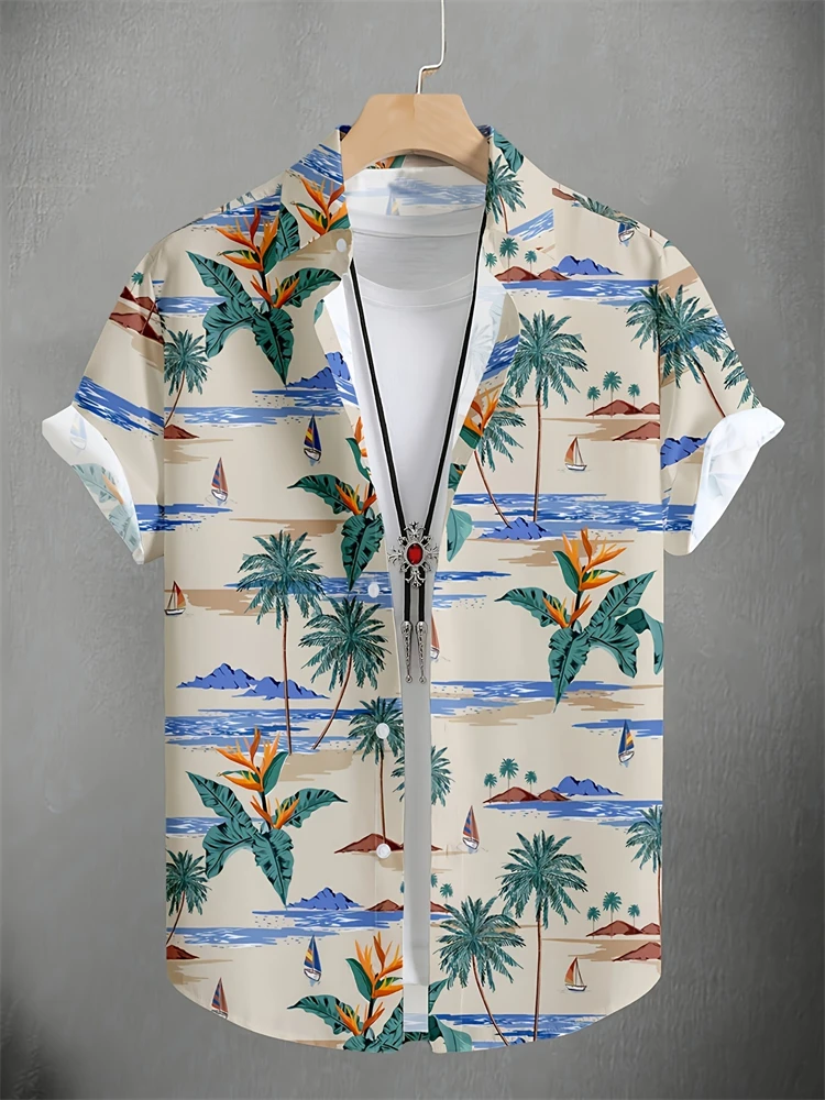 

Summer 2025 New 3D Pirate Coconut Tree Shirt Men's Fashion Hawaiian Short-sleeved Top Beach Vacation Button Shirt T-shirt