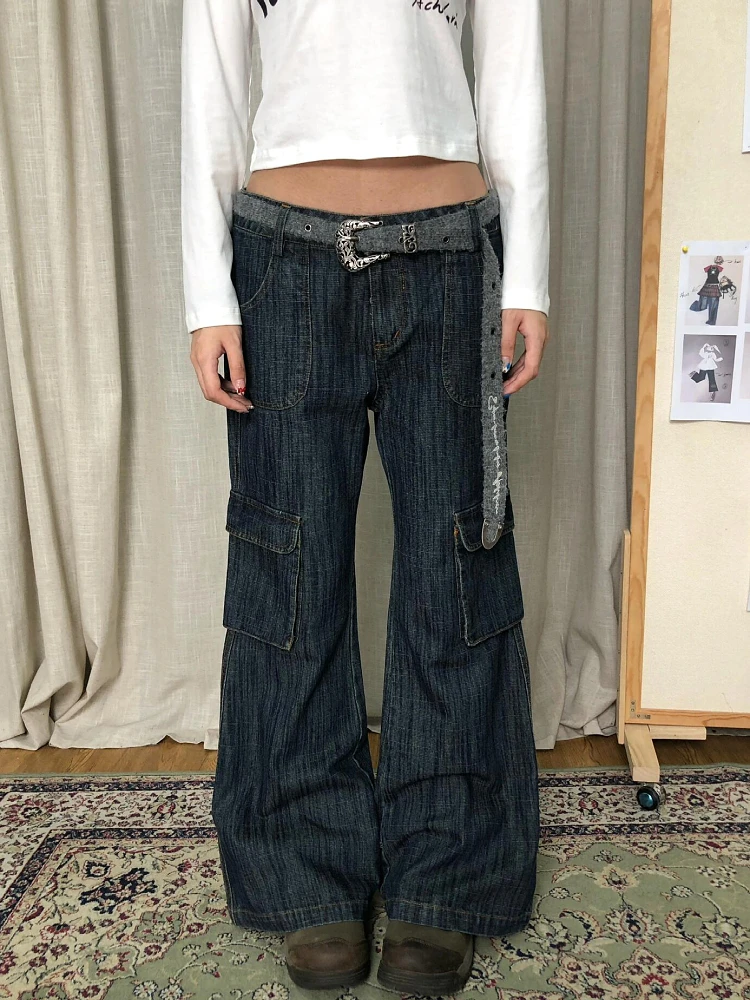 

plus Size American Retro Washed Micro Flared Denim Jeans Women's Straight Leg Slimming Multi Pocket Workwear Trousers