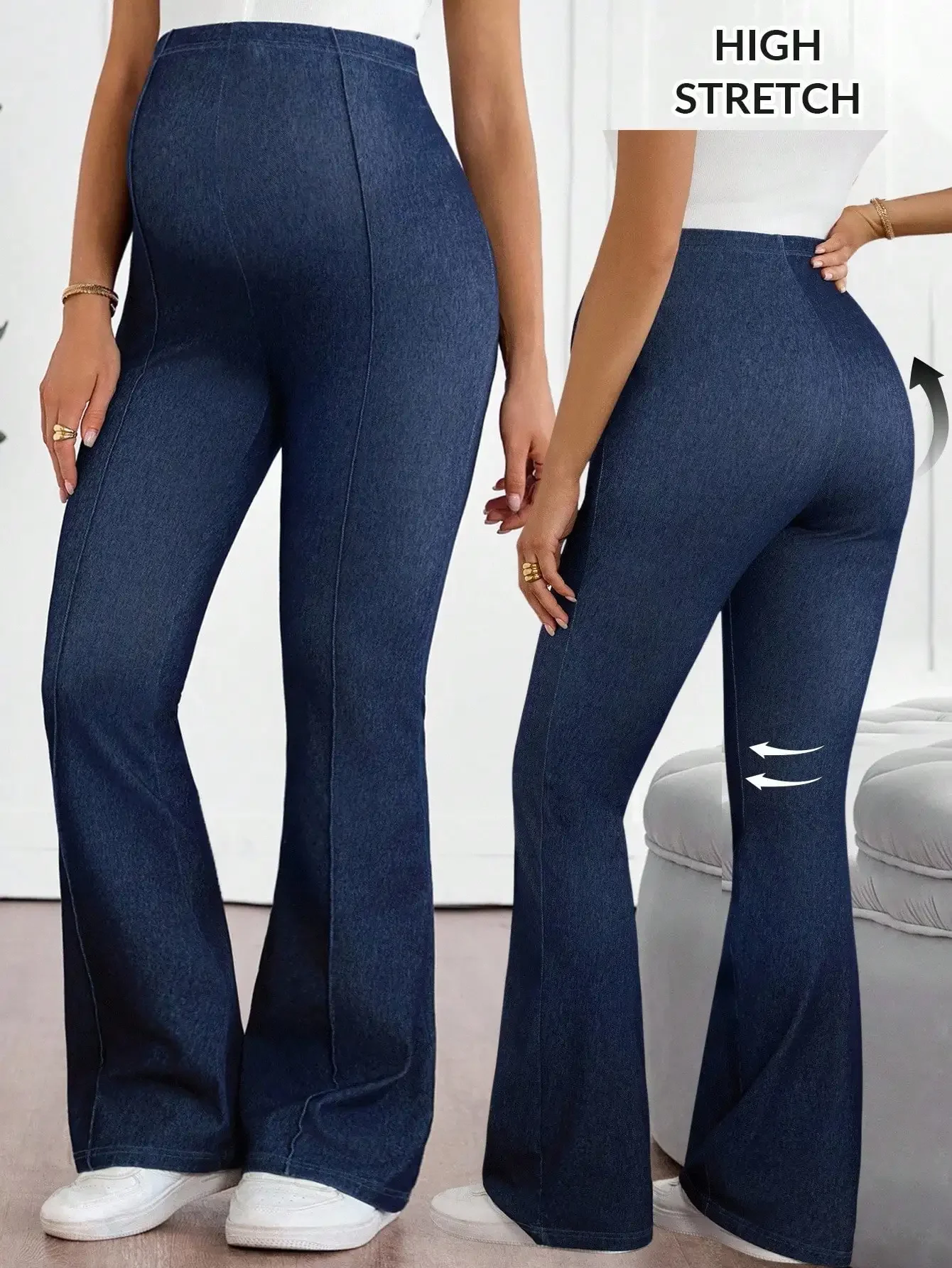 

Maternity High Waist Stretch Flare Jeans - Washed Denim, Casual Streetwear