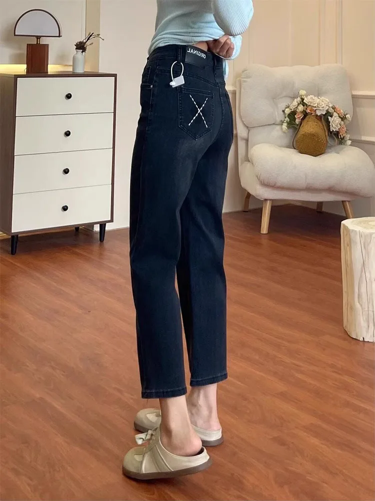 

Эластичные утягивающие прямые джинсы с высокой талией, женские большие размеры, грушевидные боди, девять лоскутных брюк, осенние новые брюки