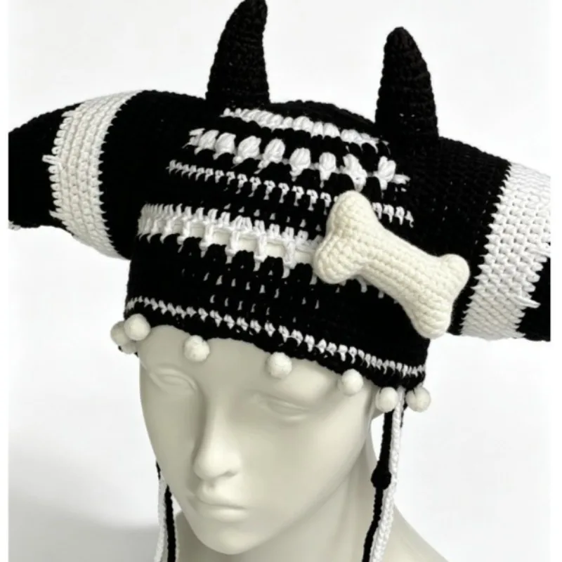 Handmade Colorful Striped Horn Jester Clown Hat Men Custom Crochet Bone Pom Knit Beanie Women Cosplay Halloween Canival Caps Boy