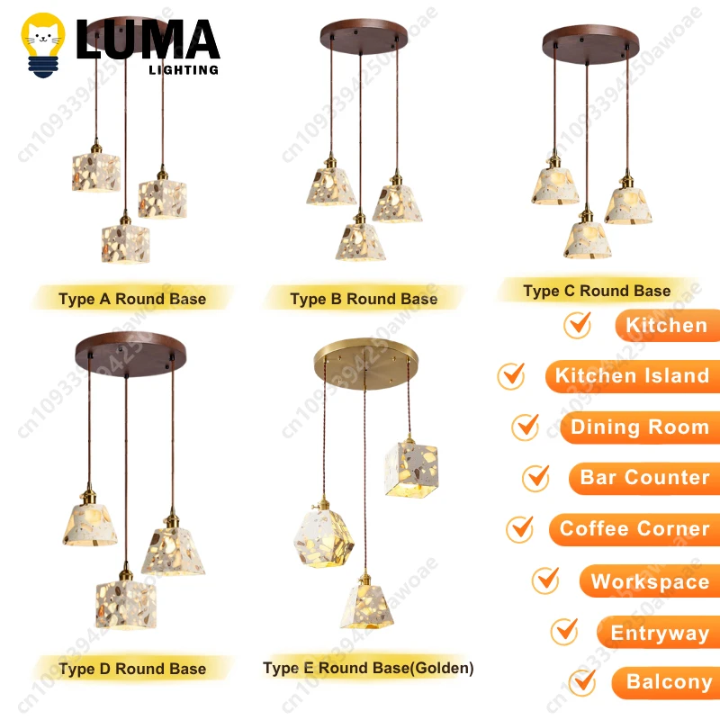LUMA 3Lights Terrazzo Pendant Lamp Natural Translucent Stone Full Spectrum LED Mid-Century Luxury Lamp for Foyer KitchenBar Home