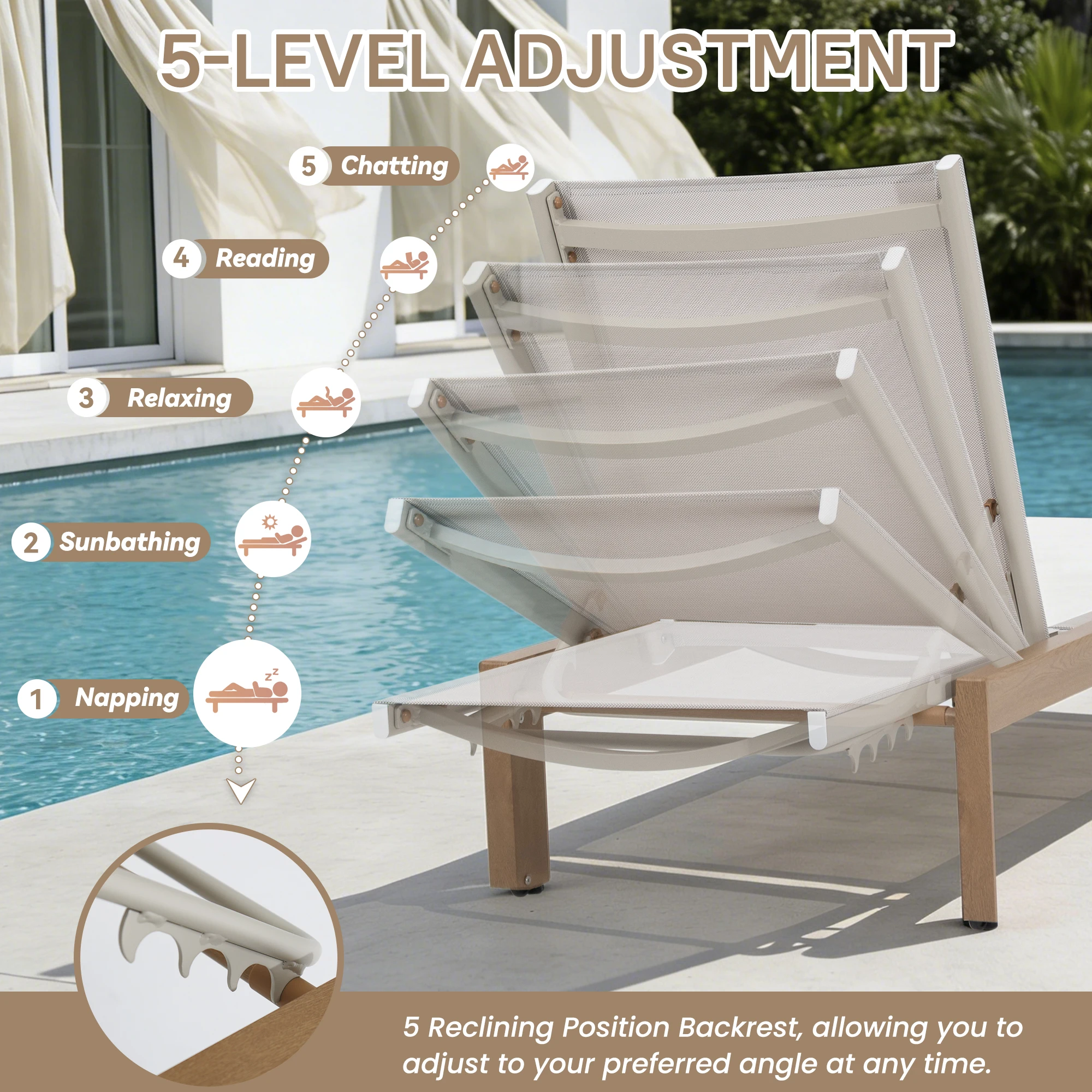 Outdoor furniture Aluminum Sun Lounger, Outdoor Garden Lounger with Adjustable Backrest, Beach Lounger with Wood-Grain Finish, Triangular Leg Design for Patio, Garden & Poolside