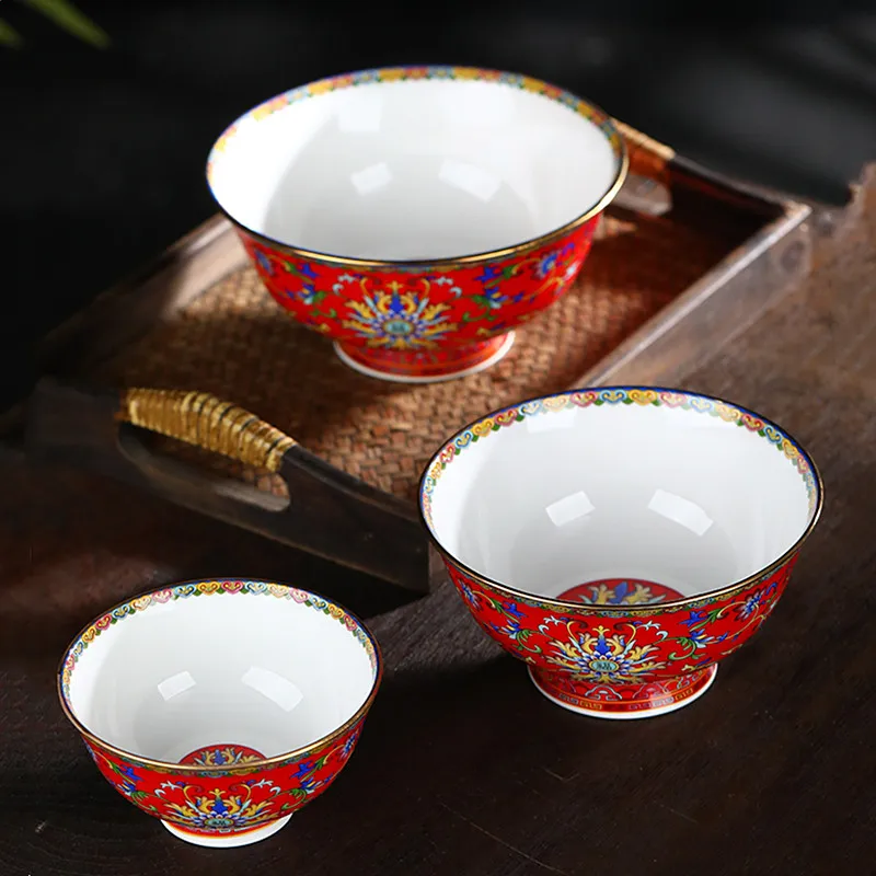 1PCS Chinese Style Ceramic Enamel Colored Household Rice Bowl High Legged Bone Porcelain Palace Longevity Bowl