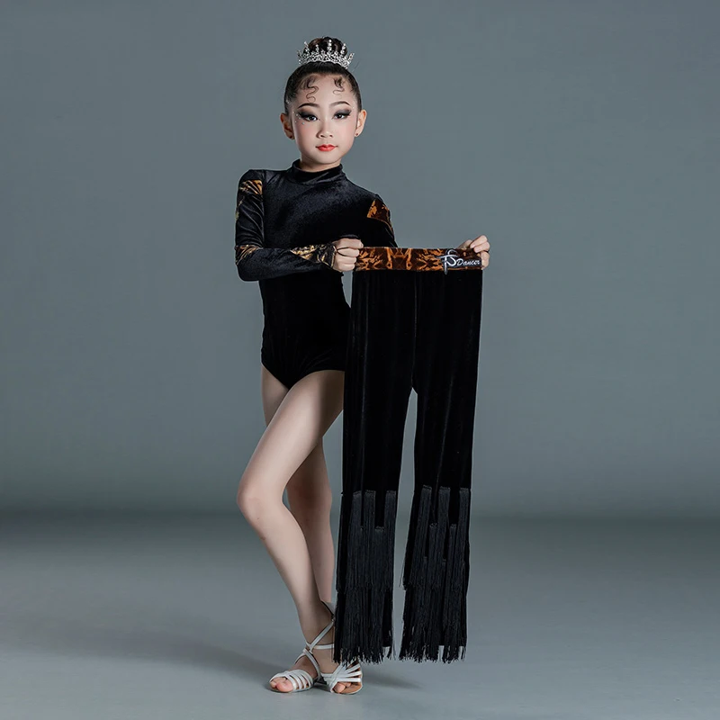 Vêtements de danse latine d'hiver pour enfants, hauts en velours noir pour filles, pantalons à glands, costume Cha Cha, vêtements d'entraînement de danse