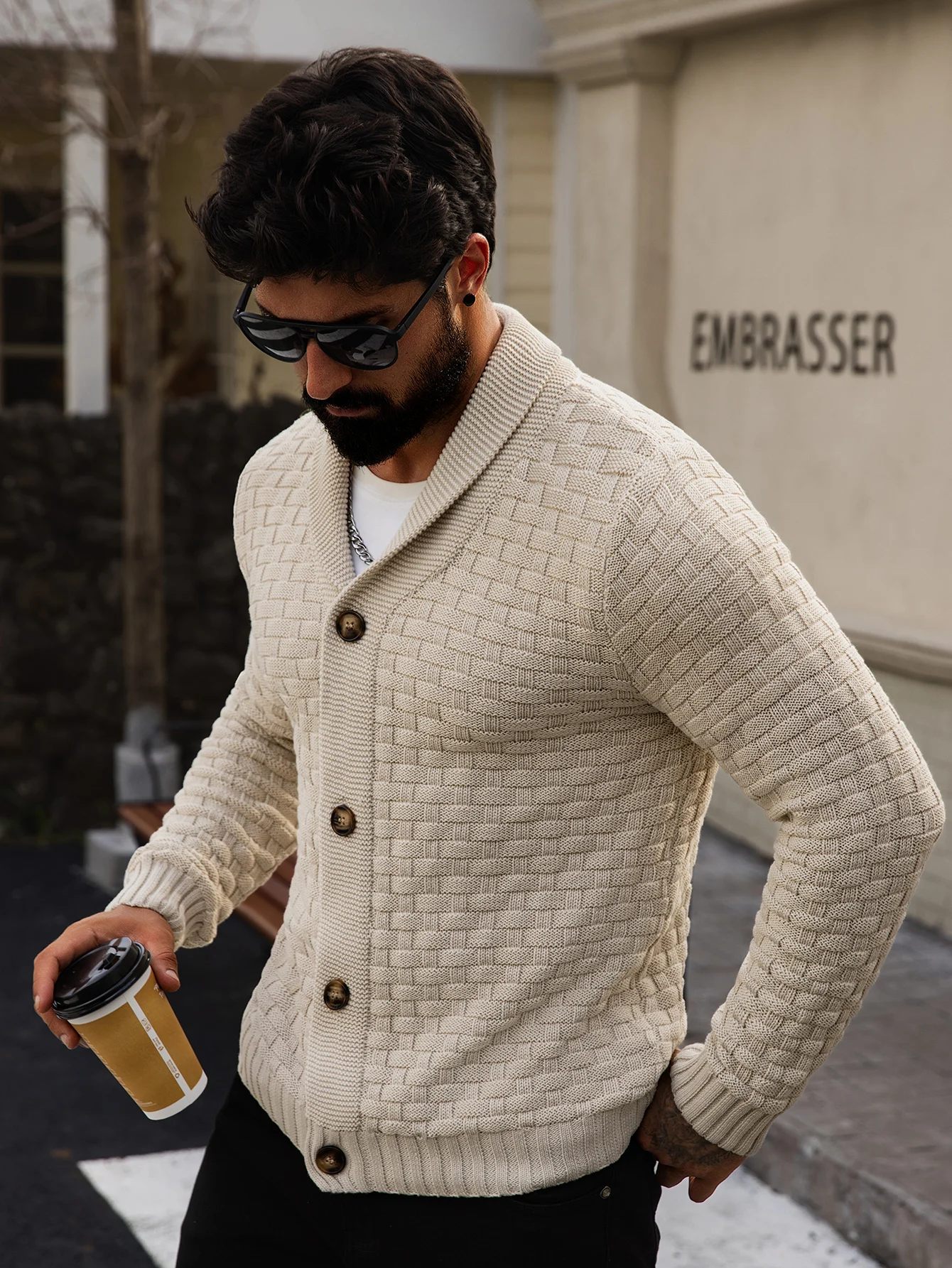 Men's Autumn Winter Cardigan Sweaters Warm Knitted Open Front Long Sleeve V-Neck Pullover in Solid Color for Men