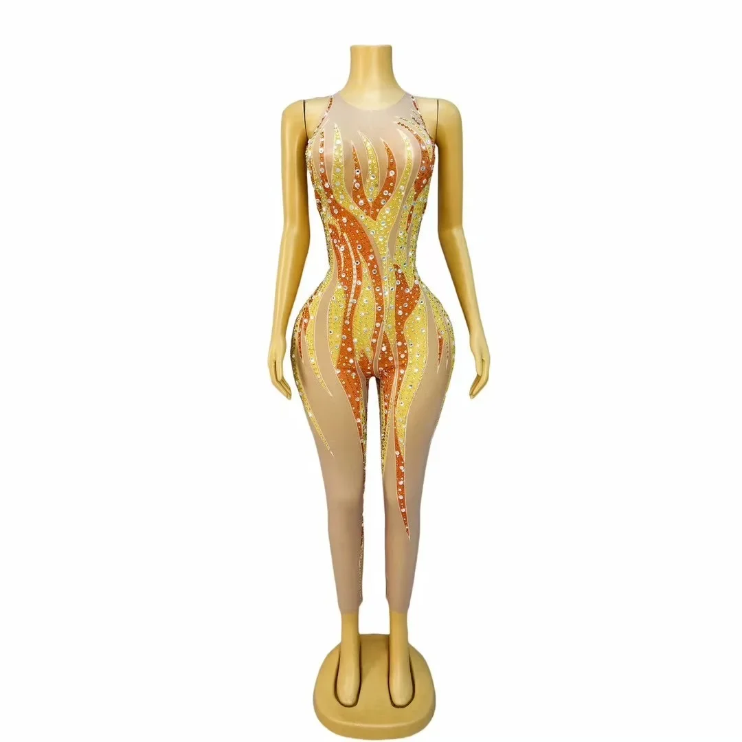 

Golden Flame Onesie Skinny Sequins Banquet Bar Birthday Party Sexy Evening Celebrating Wendding Press Spandex Version