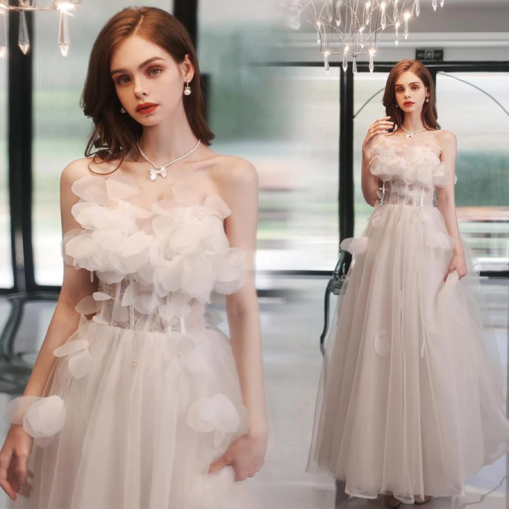 Off White Strapless Prom Jurken Boothals Mouwloze 3D Applicaties Vintage Tulle Een Lijn Slanke Vrouwen Elegante Partij Jassen 2023 nieuwe