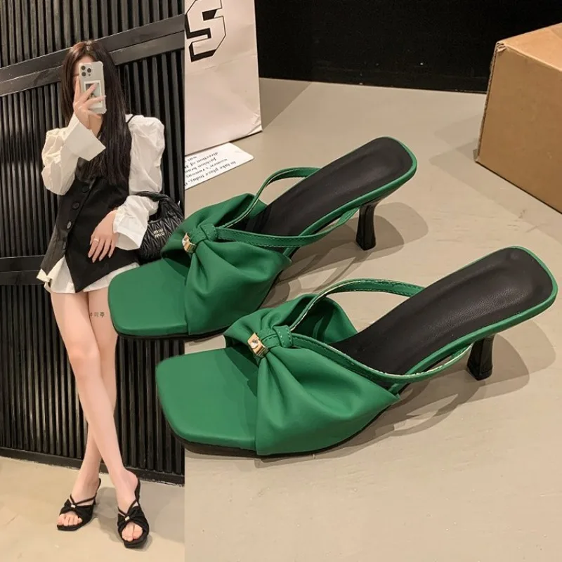 

Summer Fashion Butterfly-knot Satin Women Slipper Slip On Ladies Sandal Thin High Heel Outdoor Dress Slides Shoes Plus Size 42