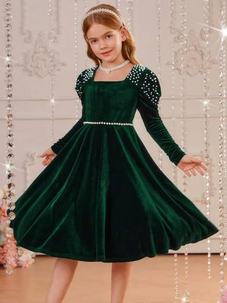 

Teens Girls Velvet Dress Fall Winter Vintage Party Christmas Dresses For Kids Baby Wedding Outfit Girl Green Red Blue New 2024