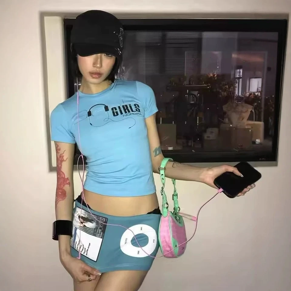 Trashy Y2k Letter Print Cropped T-Shirt Waist Mini Skirt Vintage 2000s Style American Retro Graphic Print Two Piece Sets Women