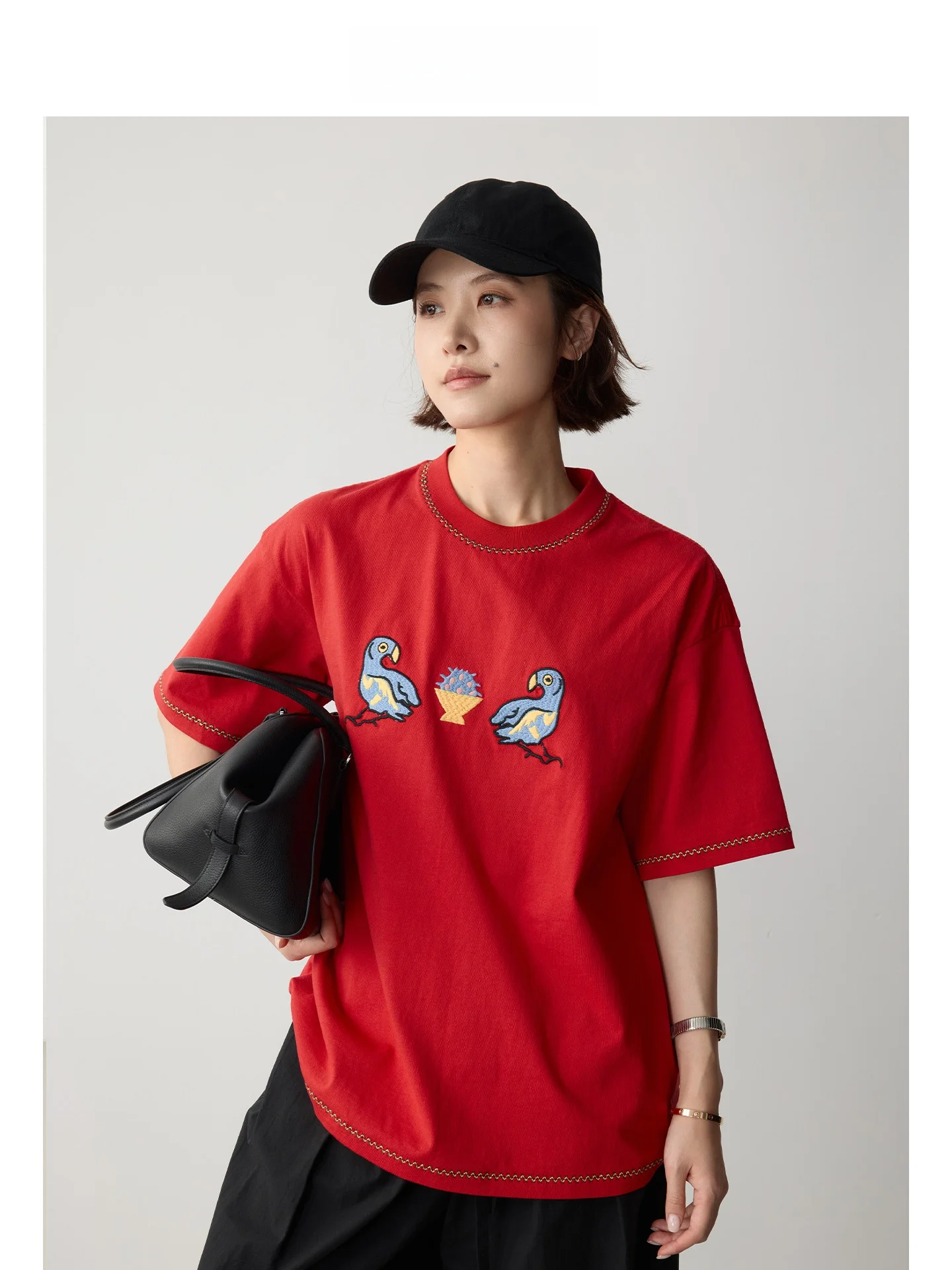 

Red T-irt Embroidery Fem Loose Fit Casual Sle Cotton Summer Fun Quirky Interest Bone Feeling DE Mincollection Lin Zhi ...