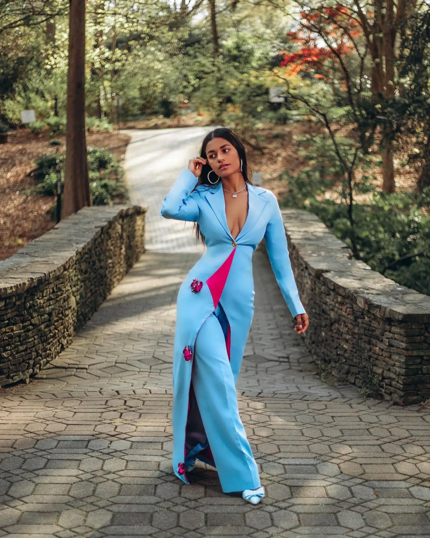 Sky Blue Women Pants Suits Slim Fit 3D Flowers Office Female Streetwear Sportswear Two Pieces Long  Jacket Sets