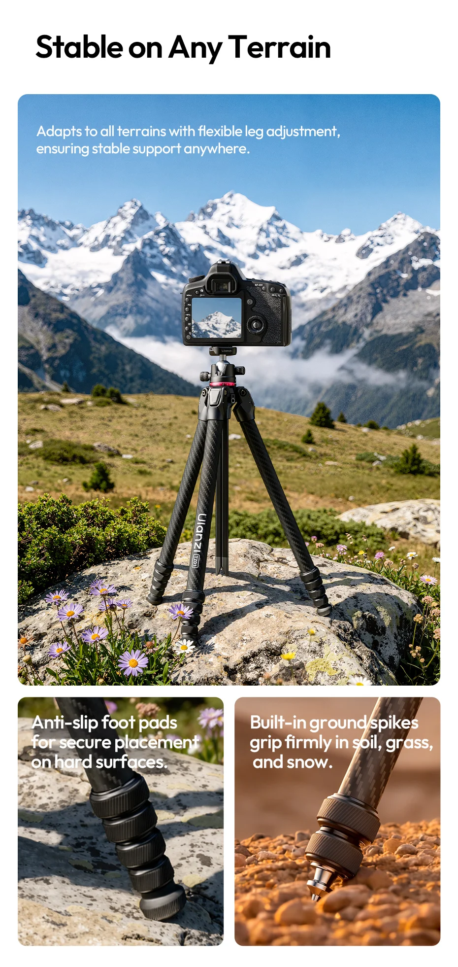 Ulanzi TZ01 Vielseitiges 2-in-1 Carbonfaser-Stativ Max. 1,6M Stativ mit Mini-Stativsäule für DSLR-Kamera für Outdoor-Reiseaufnahmen – Detail 11