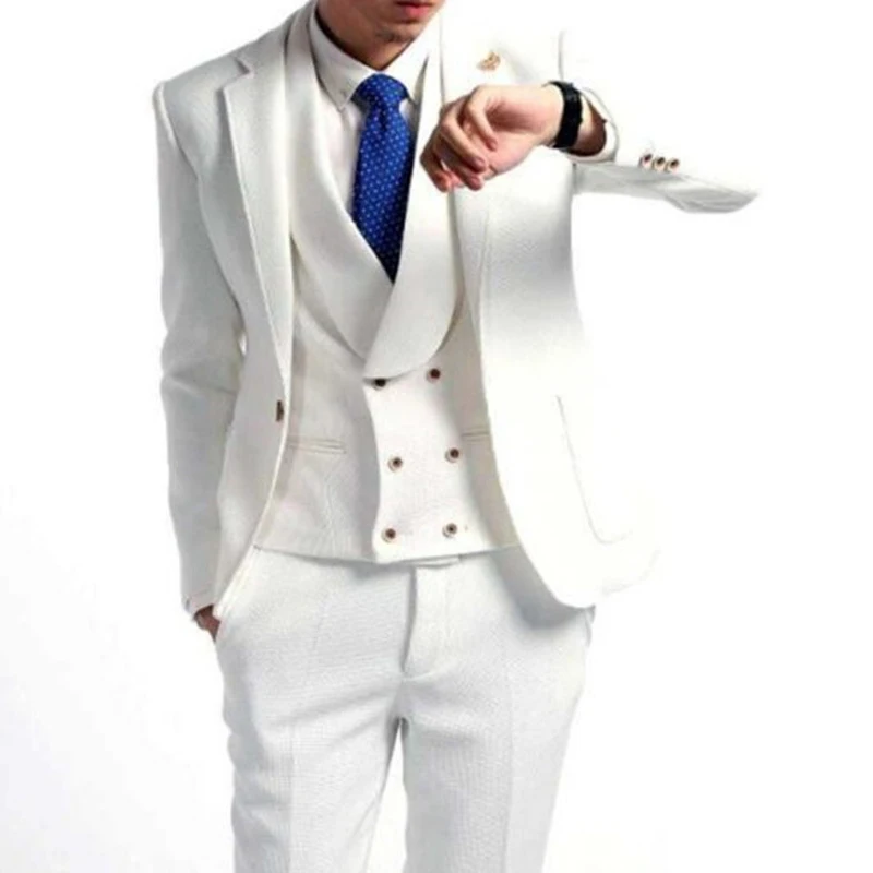 

White Groom Tuxedos for Men's Wedding Prom Suits Slim Fit 3 Piece Double Breasted Waistcoat with Pants Male Fashion Blazer