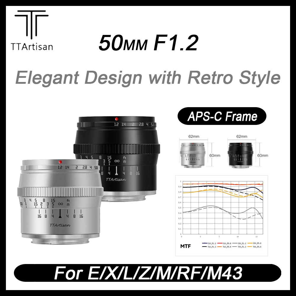 

TTArtisan 50mm F1.2 Large Aperture APS-C Manual Focus Camera Lens for Nikon Z Sony E Canon RF/EF-M Fuji X M4/3 L-Mount