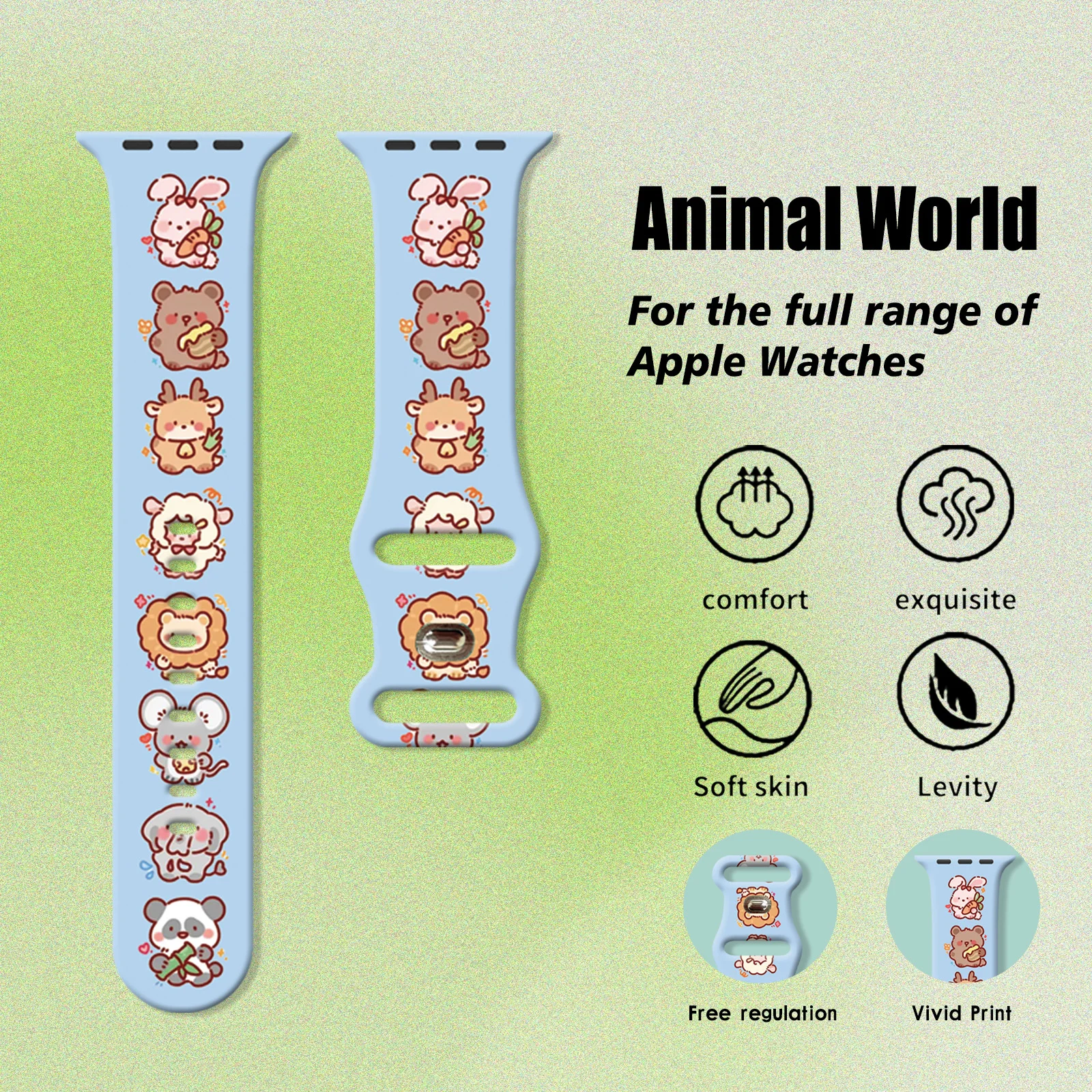 愛らしい動物柄プリントストラップ Apple Watch 10 9 8用 シリコンバンド 交換可能なブレスレット iWatch 46mm 44mm 42mm 41mm ウォッチバンド
