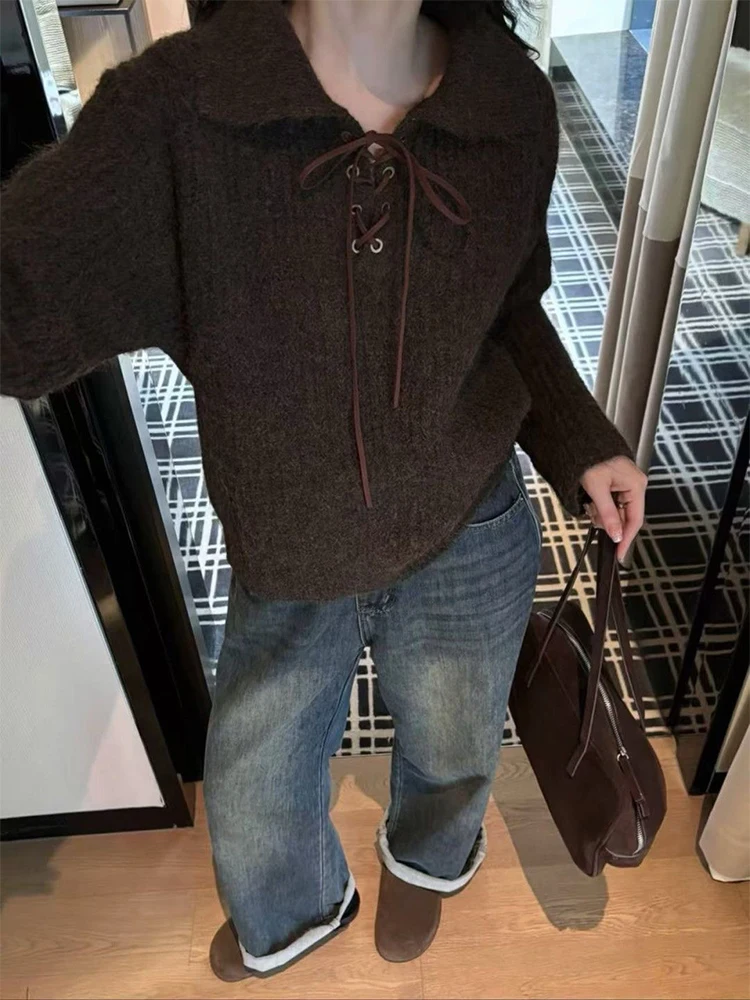 

Korean Vintage Lace-up Women's Sweaters Loose Turndown Collar Knitted Pullovers 2025 Autumn Casual Fashion Knitwear