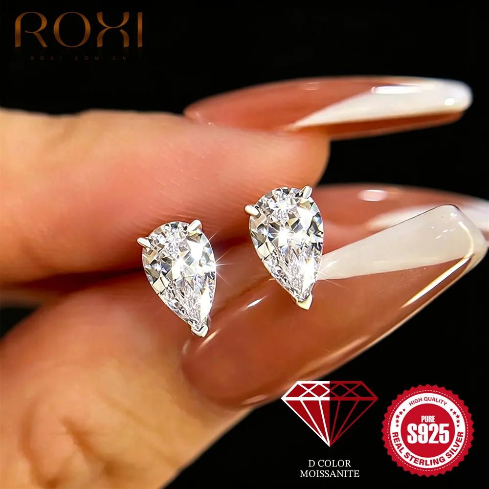 ROXI 1PC S925 Silver Dainty Big Fancy Cut Moissanite Stud Earrings Pear Emerald Oval Marquise Shape Ear Jewelry For Ladies