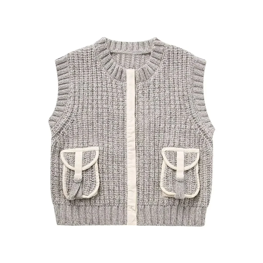 TRAFZA 2024 Autumn Winter Women Casual Knitted Sleeveless Sweater Fashion Vintage Pockets Spliced Loose Solid Elegant Sweater