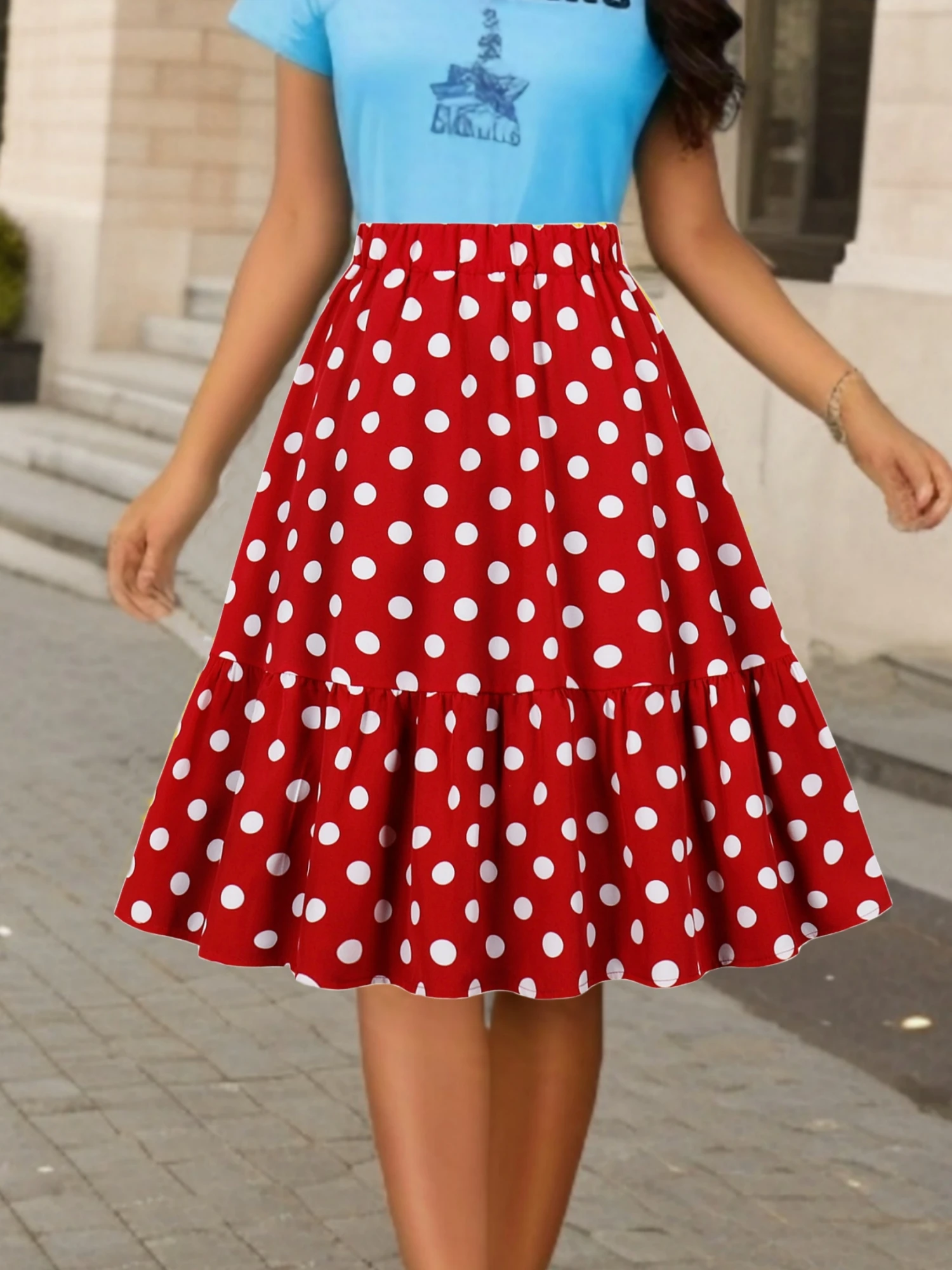 2024 Elegant Flower Dot Printed Casual Party Elastic Waist Knee length Skirt for Women