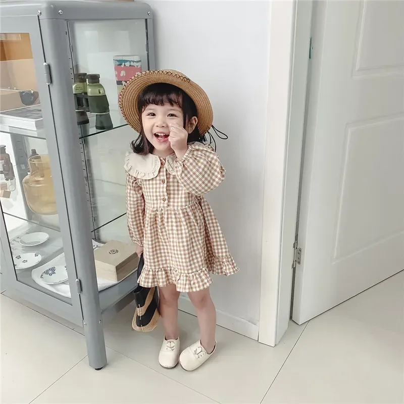 

New Spring Summer Girls Clothing Cute Children Dresses Baby Girl Plaid Cotton Linen Lapel Collar Dress Kids Long Sleeve Skirt