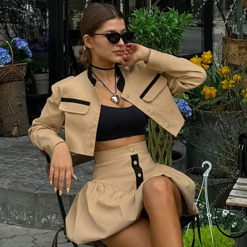 TARUXY Autumn New Navel Bud Skirt Suit Women's Lapel Long Sleeve Short Cardigan Fashion Streetwear Slim Matching Sets Female