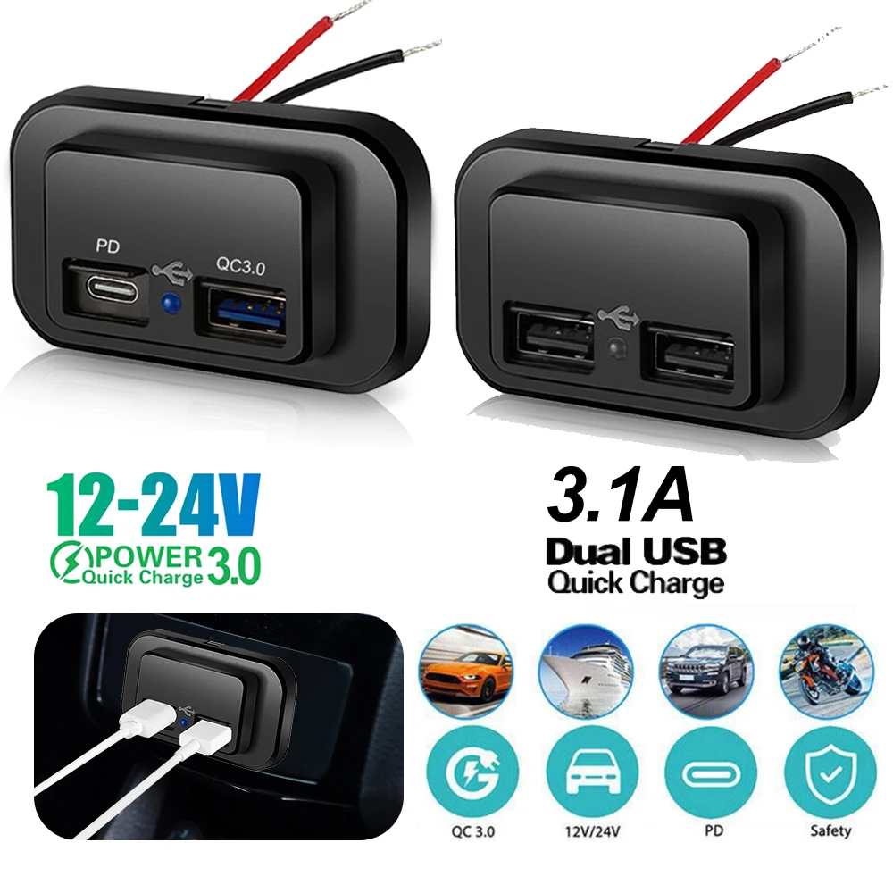 

PD QC3.0 Quick Charge Car Charger Socket 12/24V Dual USB Charger Outlet Panel Power Adapter for Truck Camper Caravan Accessories