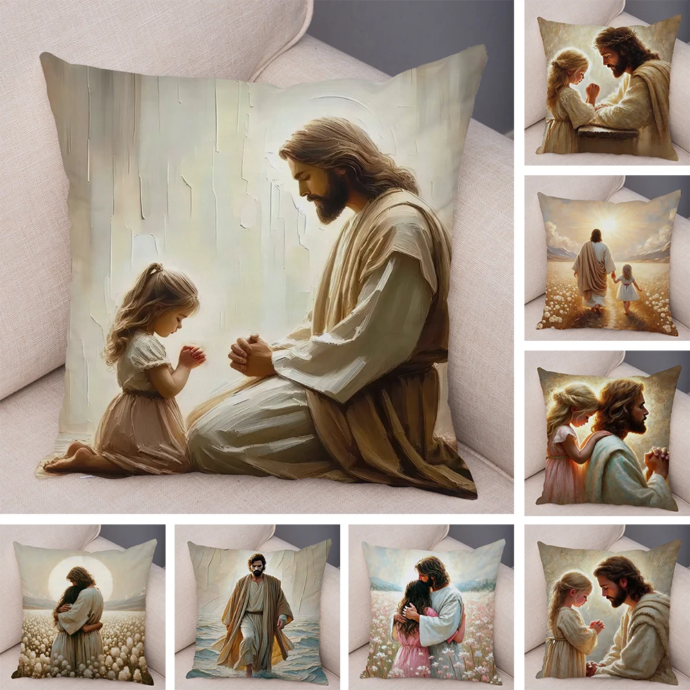 Catoon Jesus Christ Cushion Cover for Sofa Home Double Print Decor Colorful Christ Savior Pillow Case Soft Plush Pillowcase