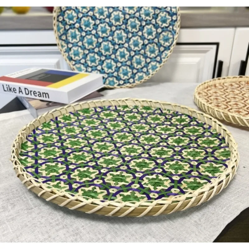 1PC Handmade Rattan Fruit Bread Basket with Lid Leftovers Insect Proof Table Cover Round Dim Sum Tray