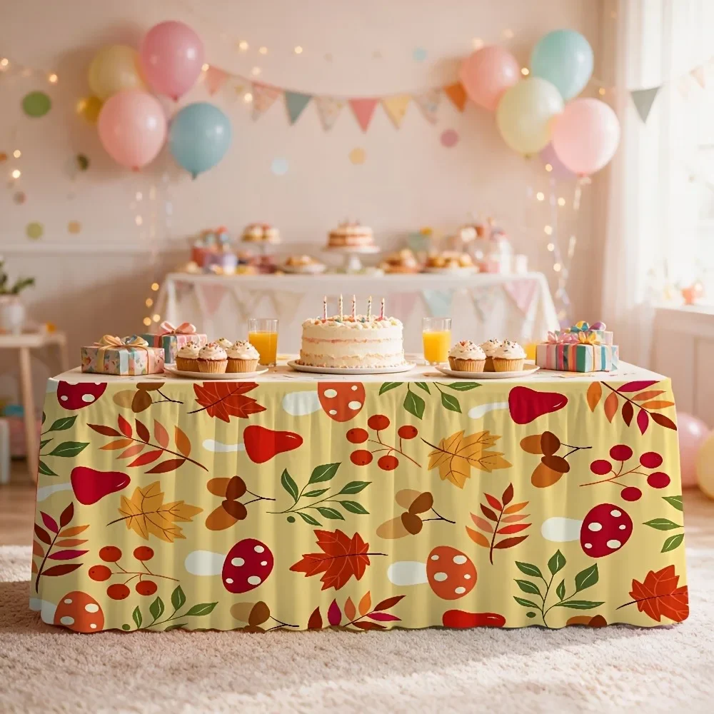 1pc Cute Autumn Leaf Mushroom Printed Tablecloth is suitable for indoor celebration decorations at birthday parties.