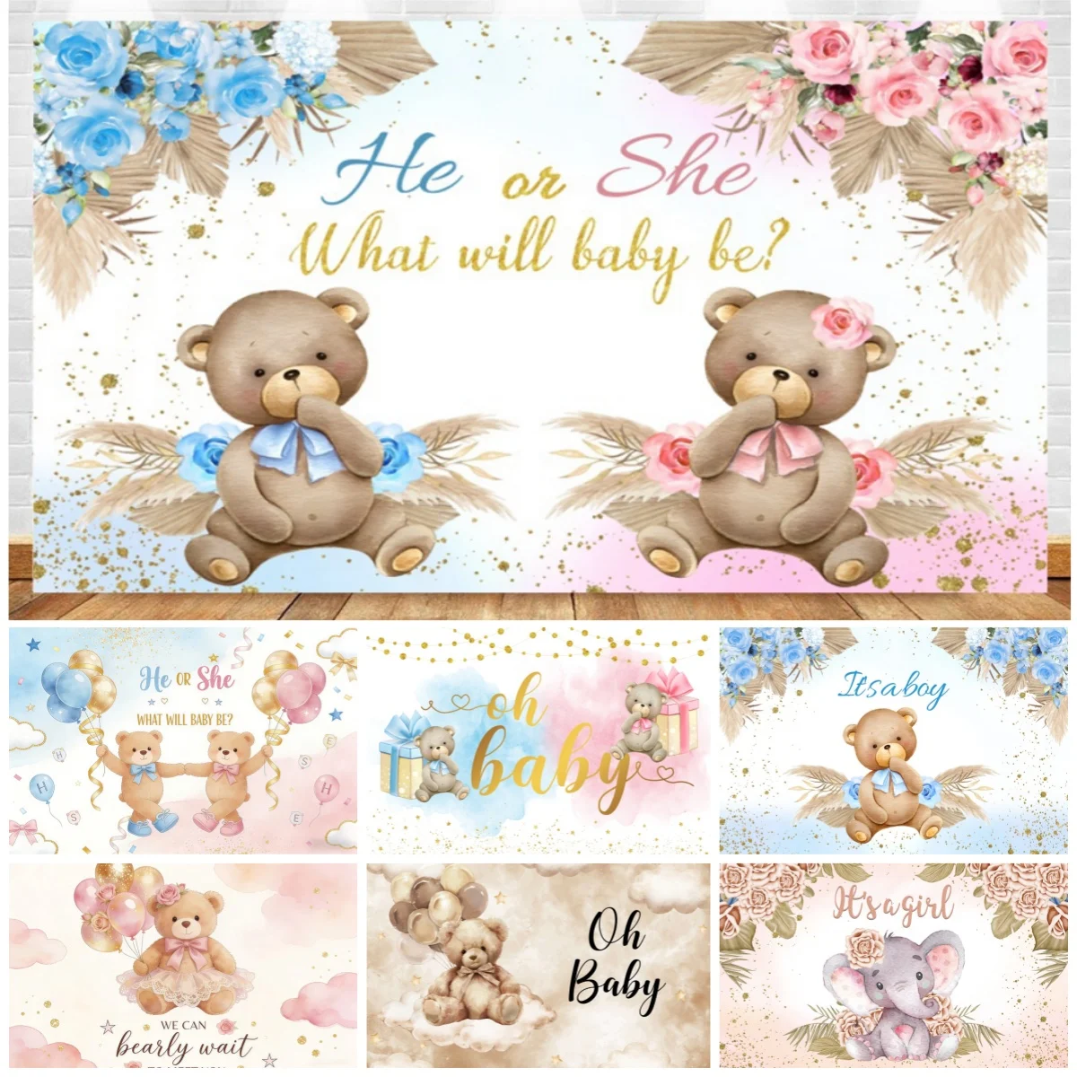 Baby Shower Gender Reveal Decorations Backdrops Teddy Bear Floral Newborn Celebration Party Portrait Background For Photographs