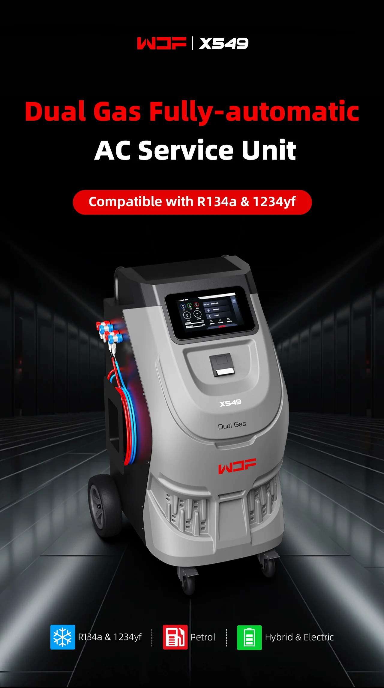 Unidad de servicio A/C totalmente automática de Gas Dual X549, cargador de Gas, aire acondicionado, máquina de coche de CA, máquina de recuperación de CA 1234A