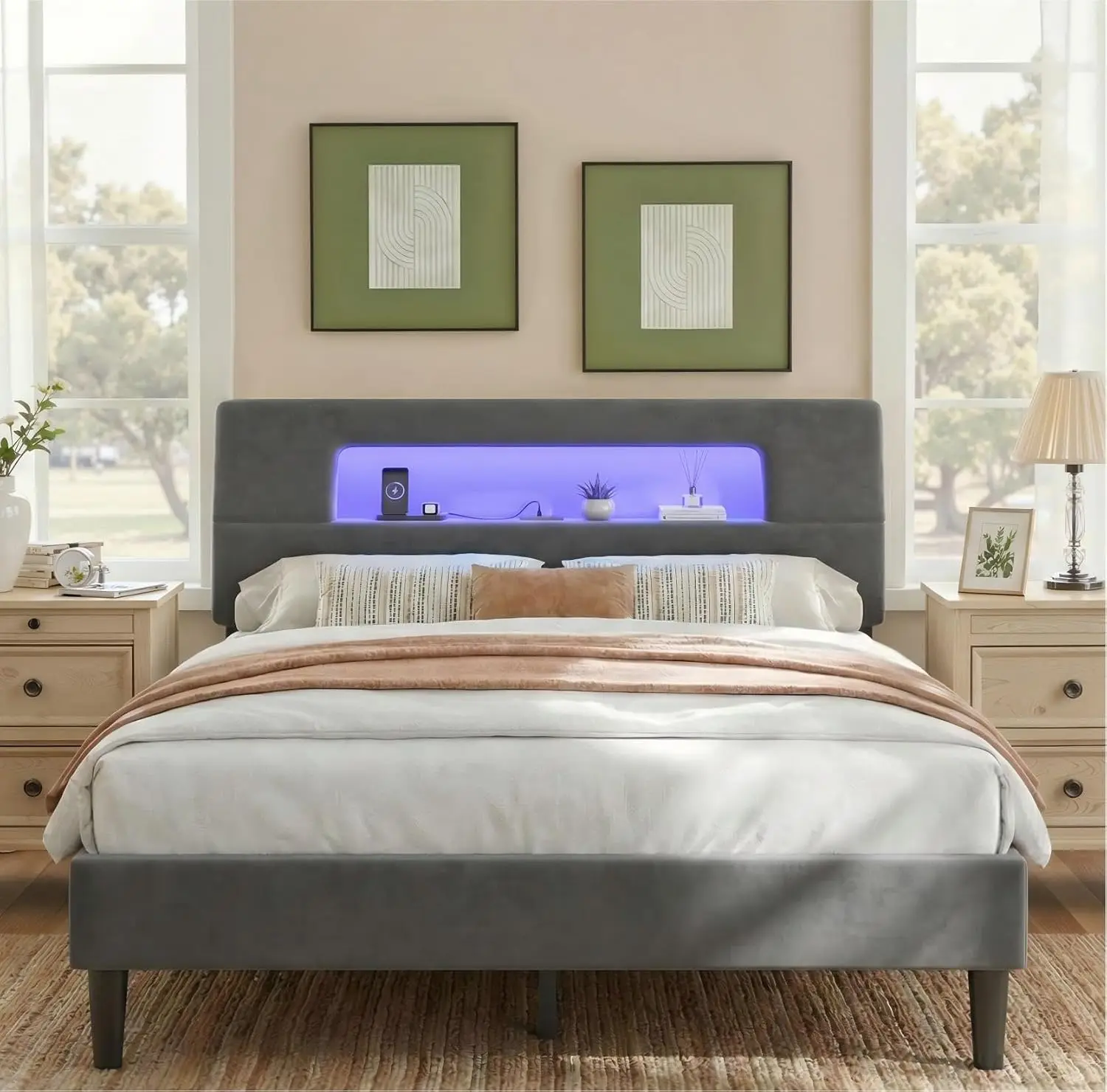 Queen Bed Frame Storage Headboard LED Charging Station Under-Bed Velvet 880 lbs No Box Spring Couples Apartment, Customized