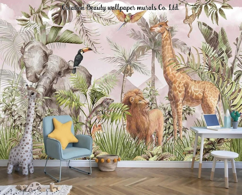 Hand-Painted Tropical Jungle Animals Wallpapers for Children's Room Kid's Bedroom Decor Mural Nursery Wall Paper Papel De Parede