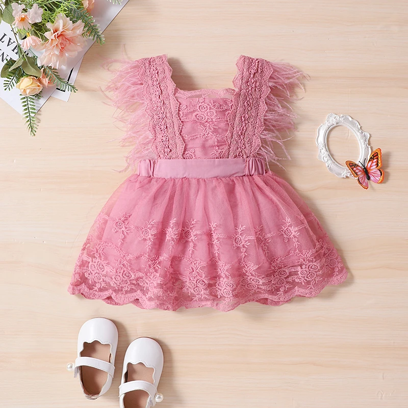 Toddler Baby Girls Lace Floral Dress Summer Feather Sleeve Princess Clothes Children Backless Embroidery Jumpsuits Outerwear