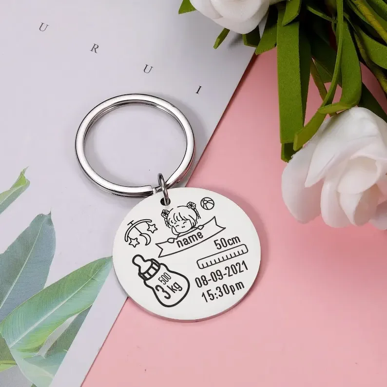 Customized Keychain for Newborn with Name Birth Weight Time and Height Unique Personalized Stainless Steel Keyrings Family Gift