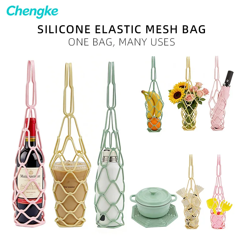 Flexible Silicone Carry Net Bag Multipurpose Holder With Octagonal Heat Proof Silicone Trivet For Bottles Fruit Cookware