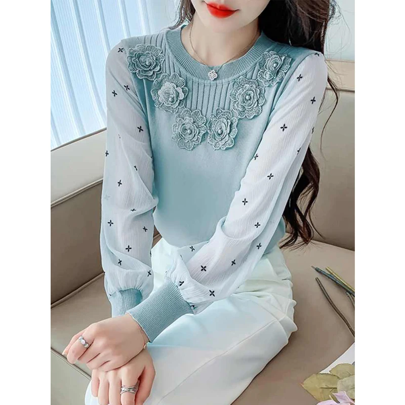 Women Stylish Print Patchwork 3D Flower Beaded Chic Knitwears Autumn Sweet Elegant Long Sleeve Slim Pullover Tops Ropa De Mujer