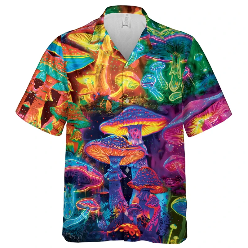 Colorful Mushroom 3D Printed Hawaiian Shirt For Men Summer Vacation Plants Beach Shirts Button Short Sleeve Street Aloha Blouses